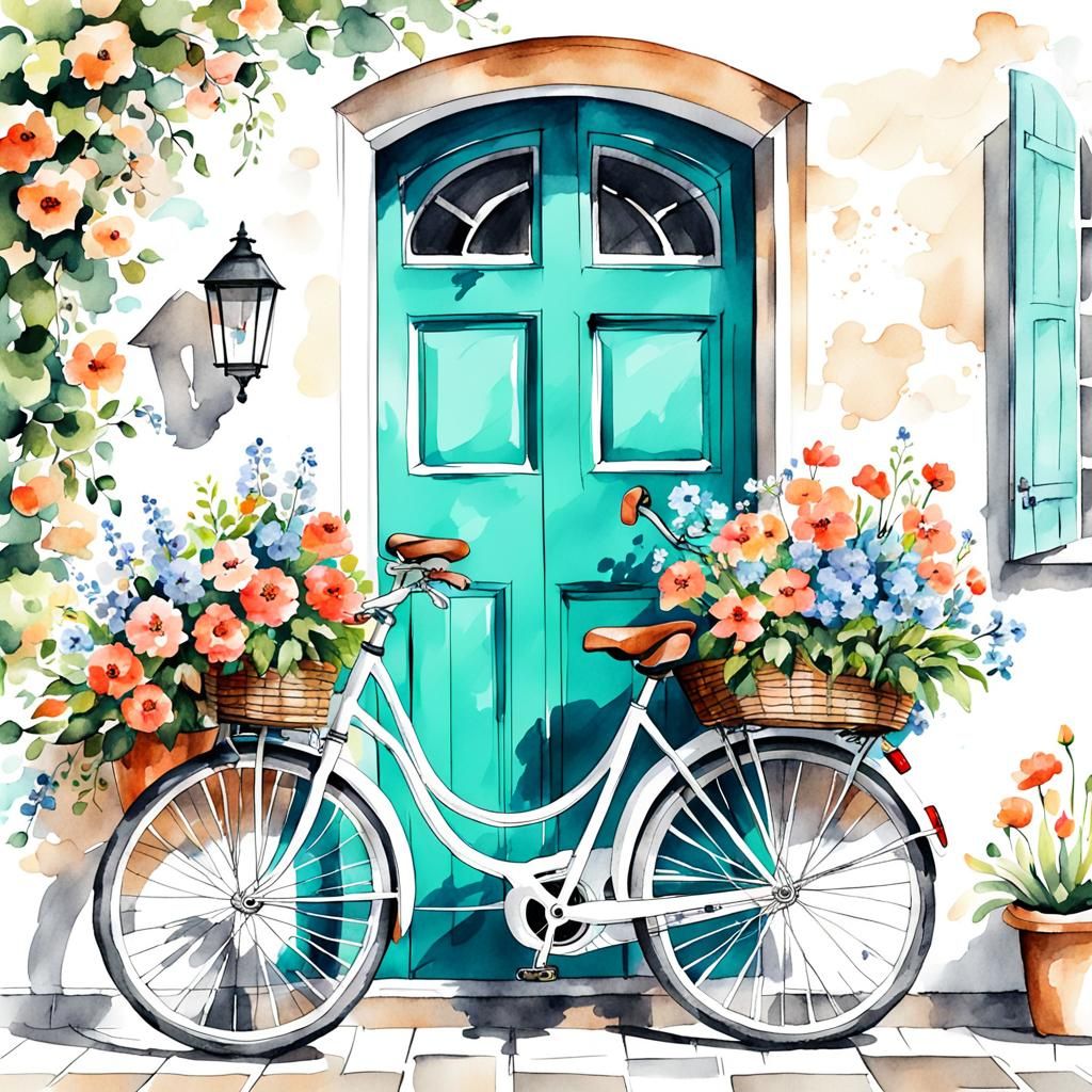 Floral Bicycle Watercolor Digital Sketch