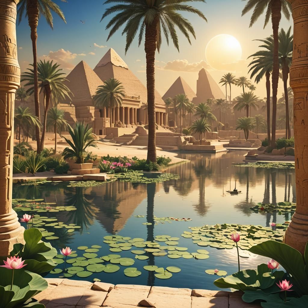 Egyptian Palace with Nile River and Pyramids