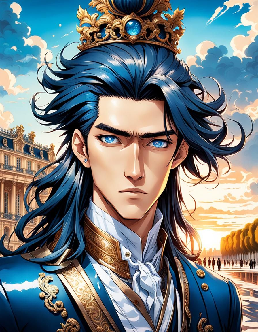 airbrush art, anime-style a handsome asian 20 years old gentleman in front of the Palace of Versailles,long hair, sunset...