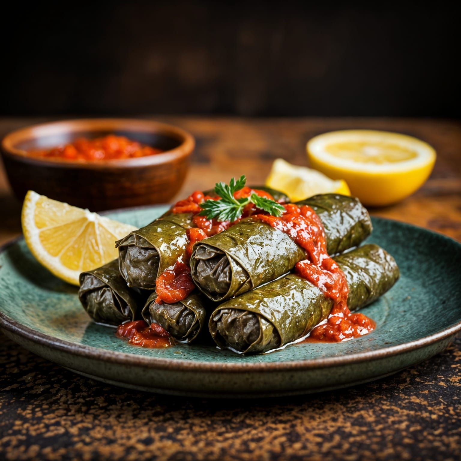 Traditional Stuffed Grape Leaves in Rich Tomato Sauce