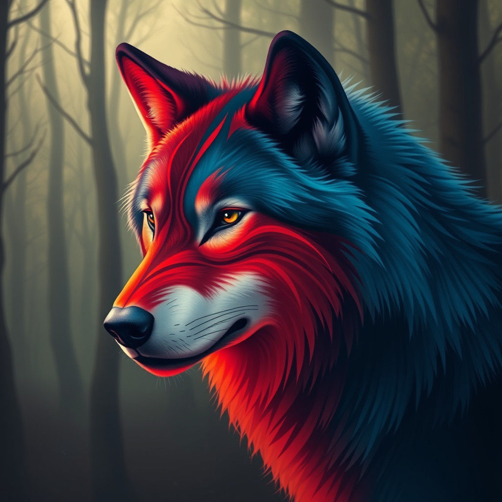 Wolf with Red and Blue Markings in Dreamlike Realism
