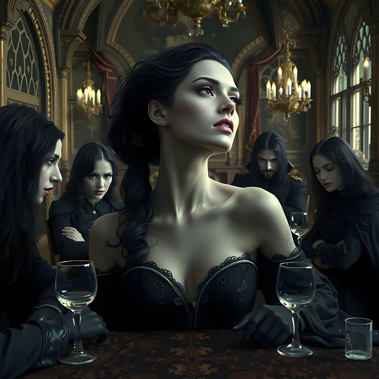 Gothic Vampires Lusting Over Beautiful Woman's Neck