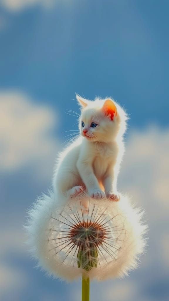 Kitten on Dandelion Seedhead in Divine Light