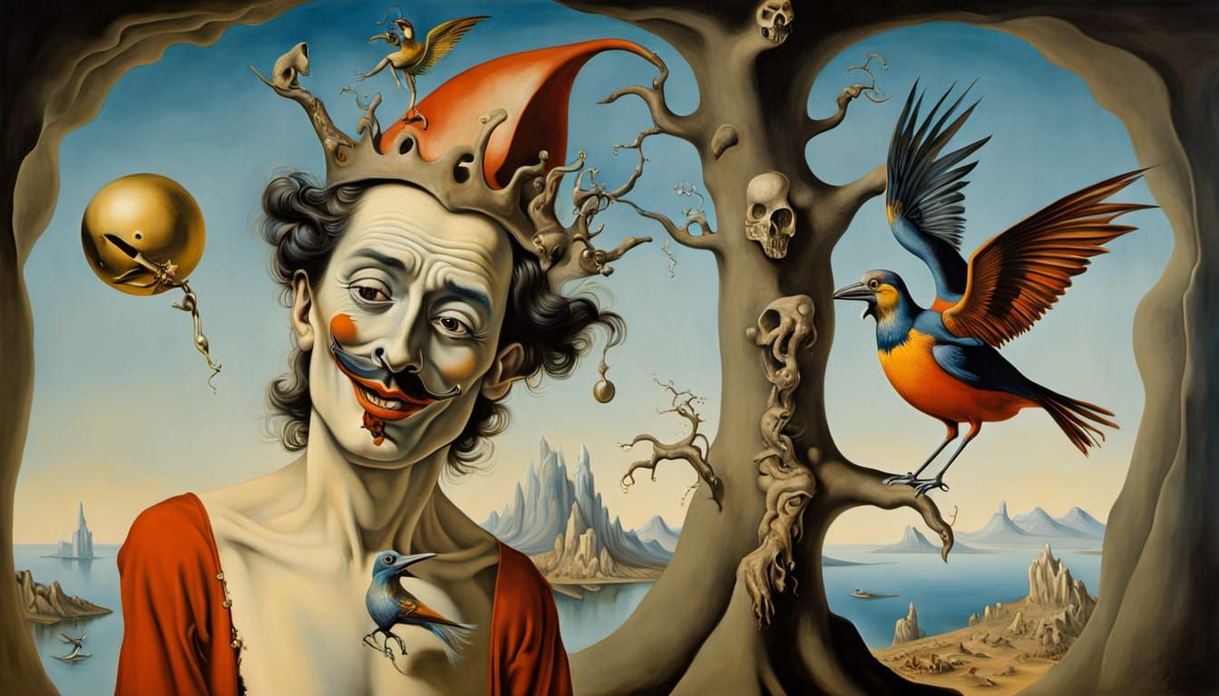 Surrealist Masterpiece of Jester and Laughing Bird