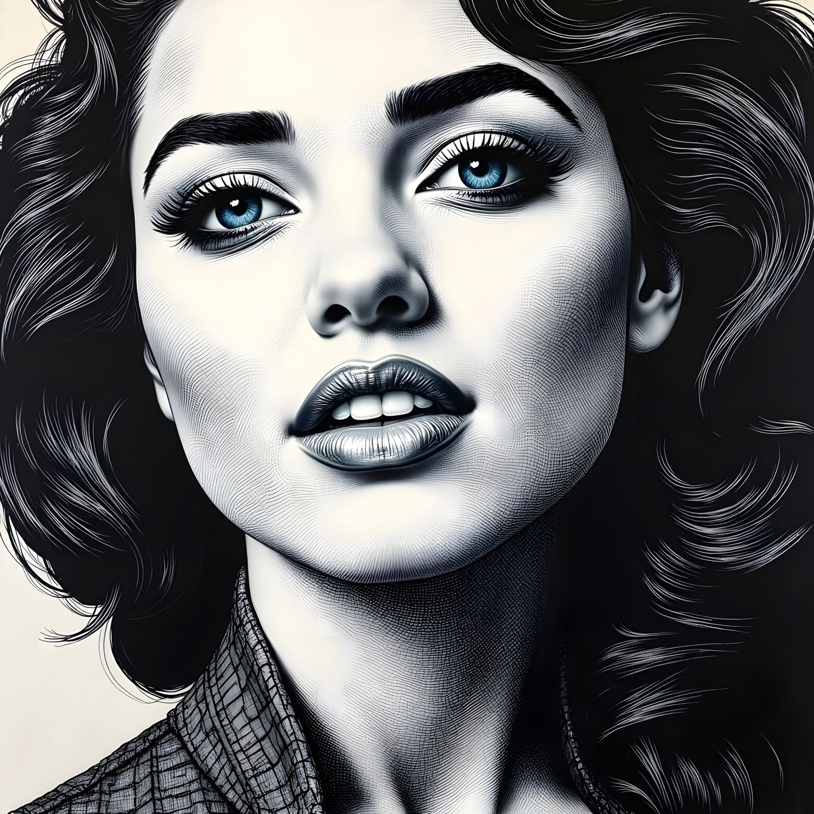 Scratchboard Portrait of Woman with Piercing Blue Eyes