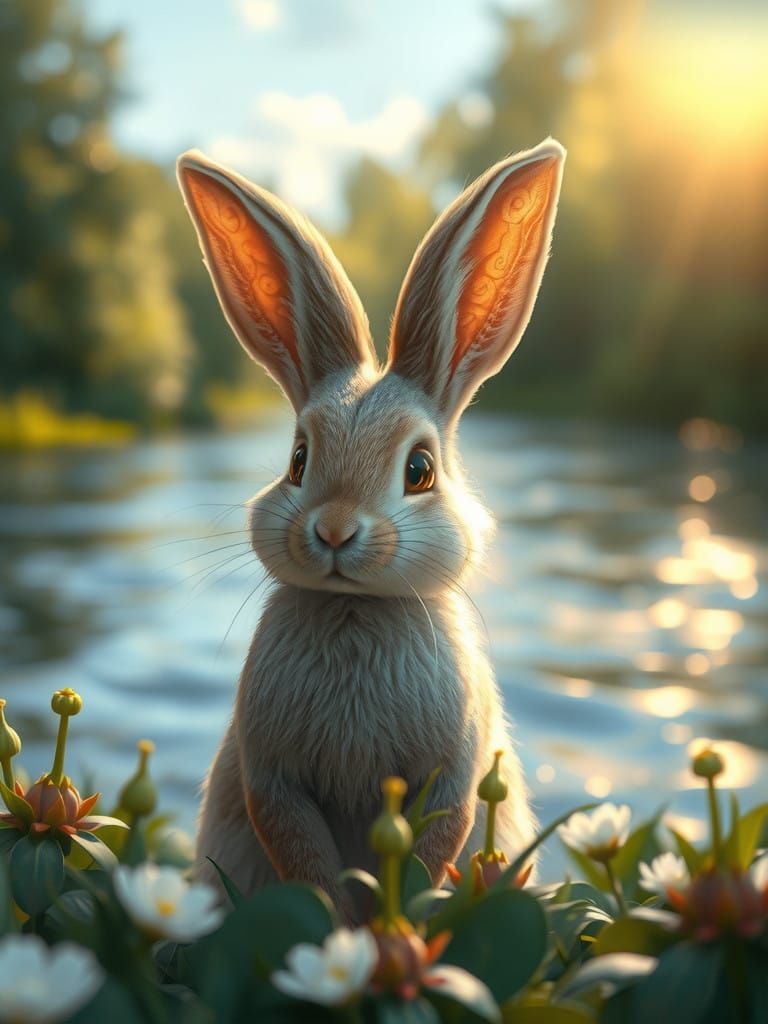 Whimsical Rabbit Basks in Serene River Landscape
