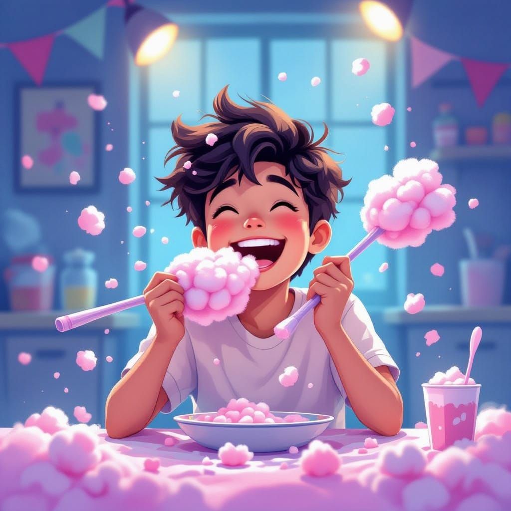 Joyful Person Eats Cotton Candy Mop in Whimsical Digital Art