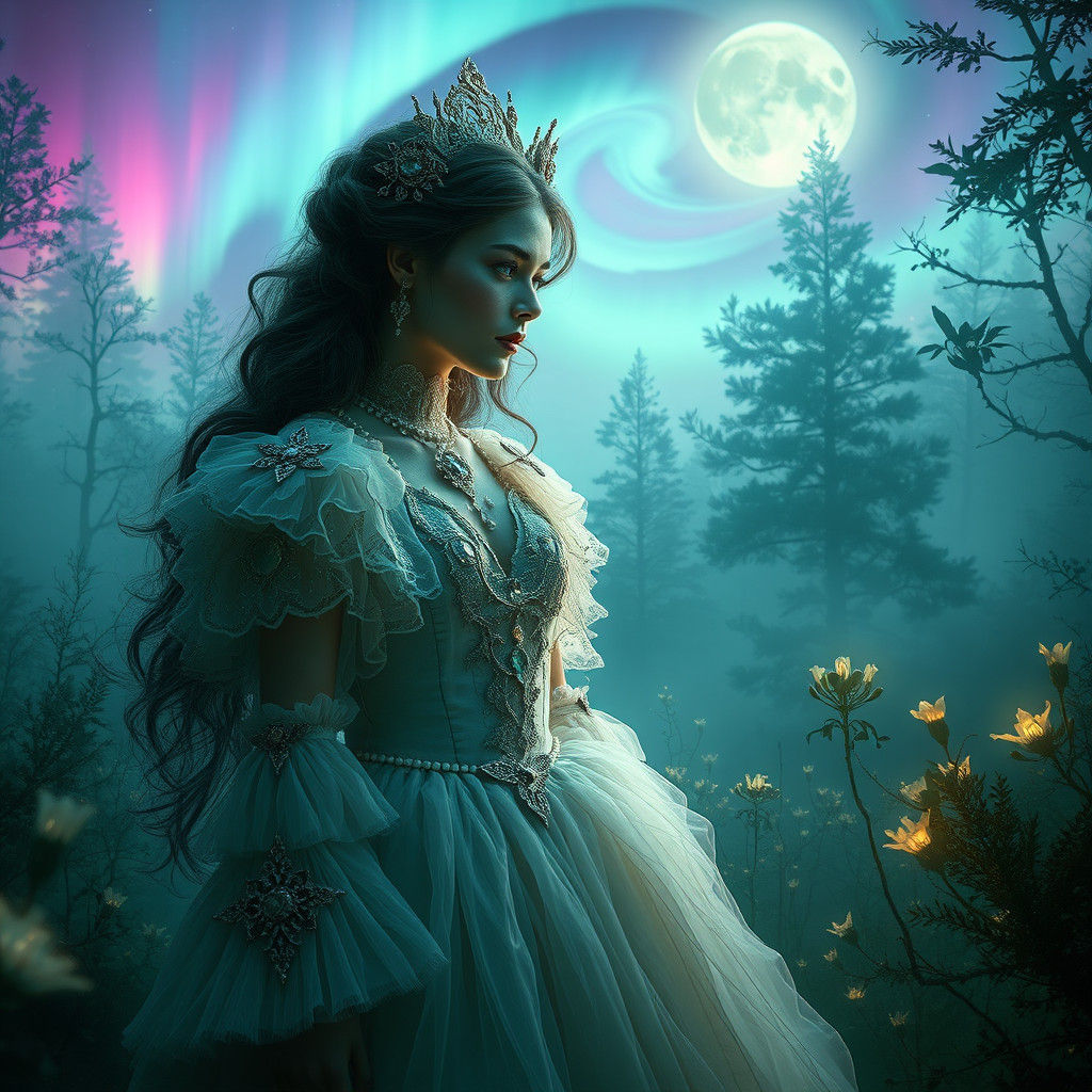 Ethereal Woman in Victorian Attire Under Aurora Borealis