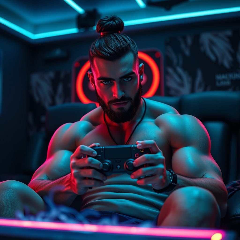 Cyberpunk Gamer in Dimly Lit Game Room
