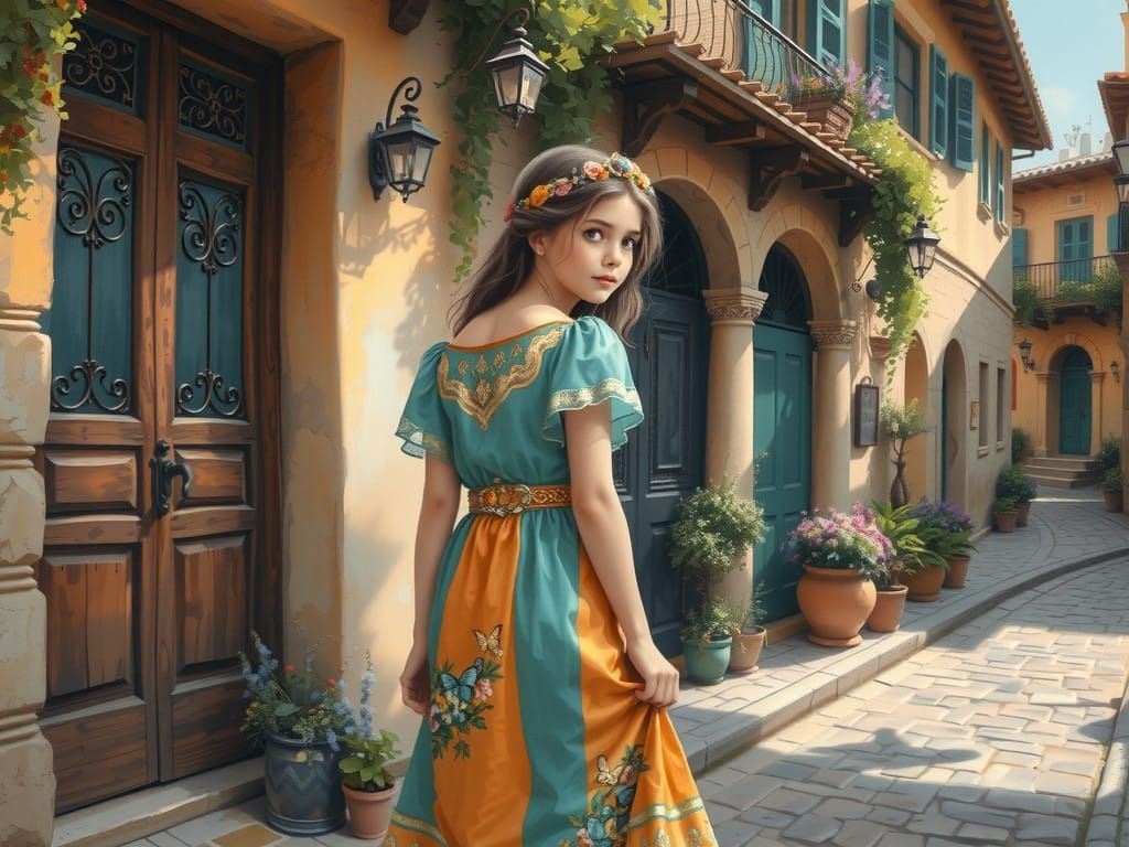 Serene Young Girl in Teal Embroidered Gown in Mediterranean....
