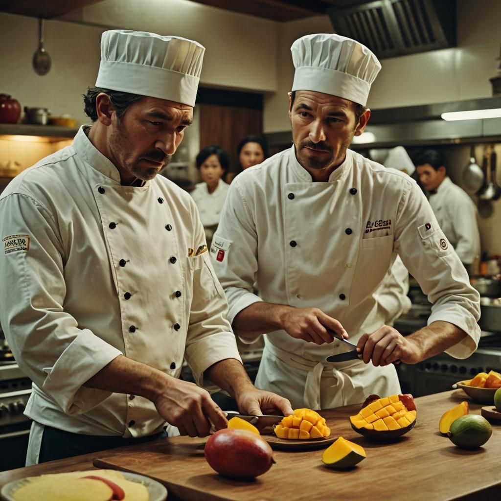 Master Chef Teaches Apprentice Slicing Mango