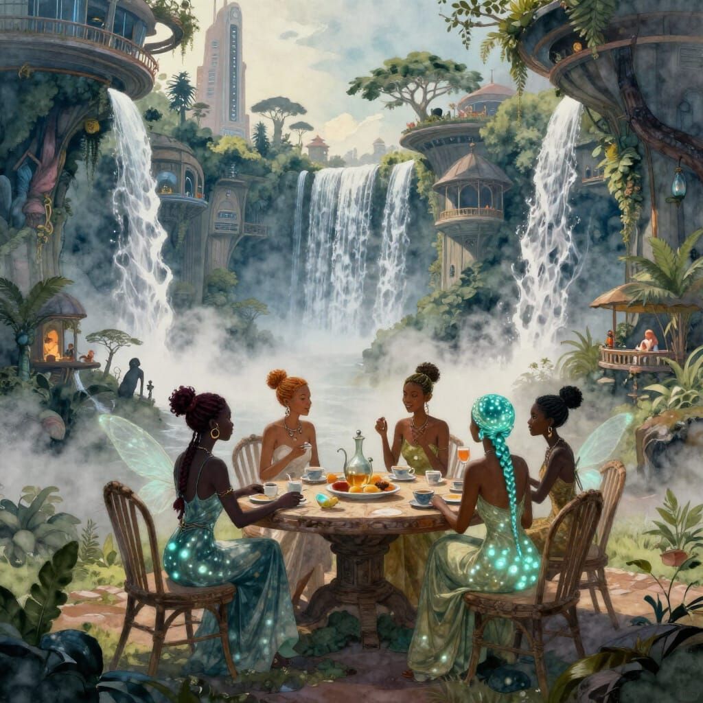Bioluminescent Fairies Gossip in Futuristic Aquatic City