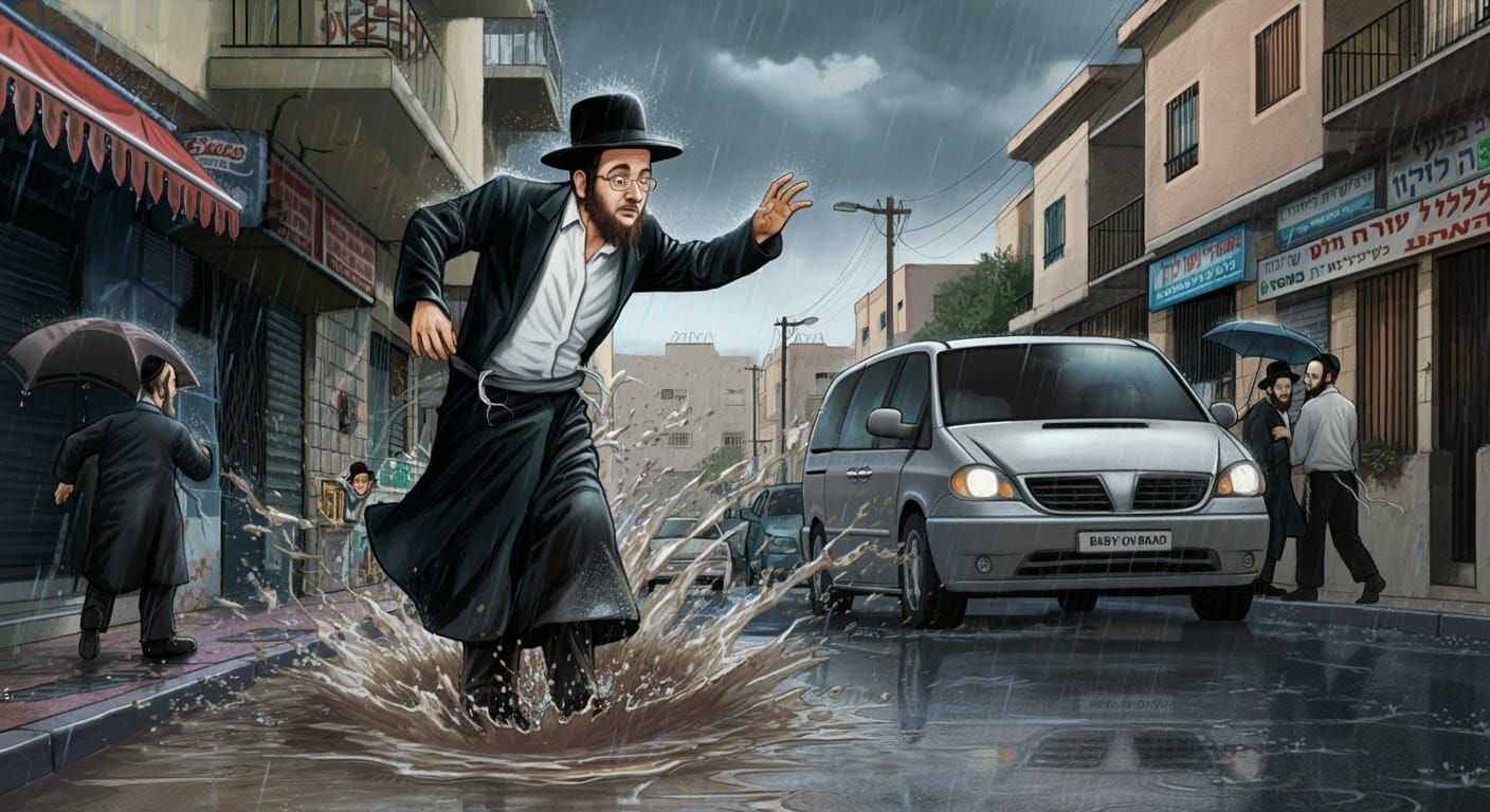 Hasidic Man Surprised by Splash on Rainy Bnei Brak Street in...