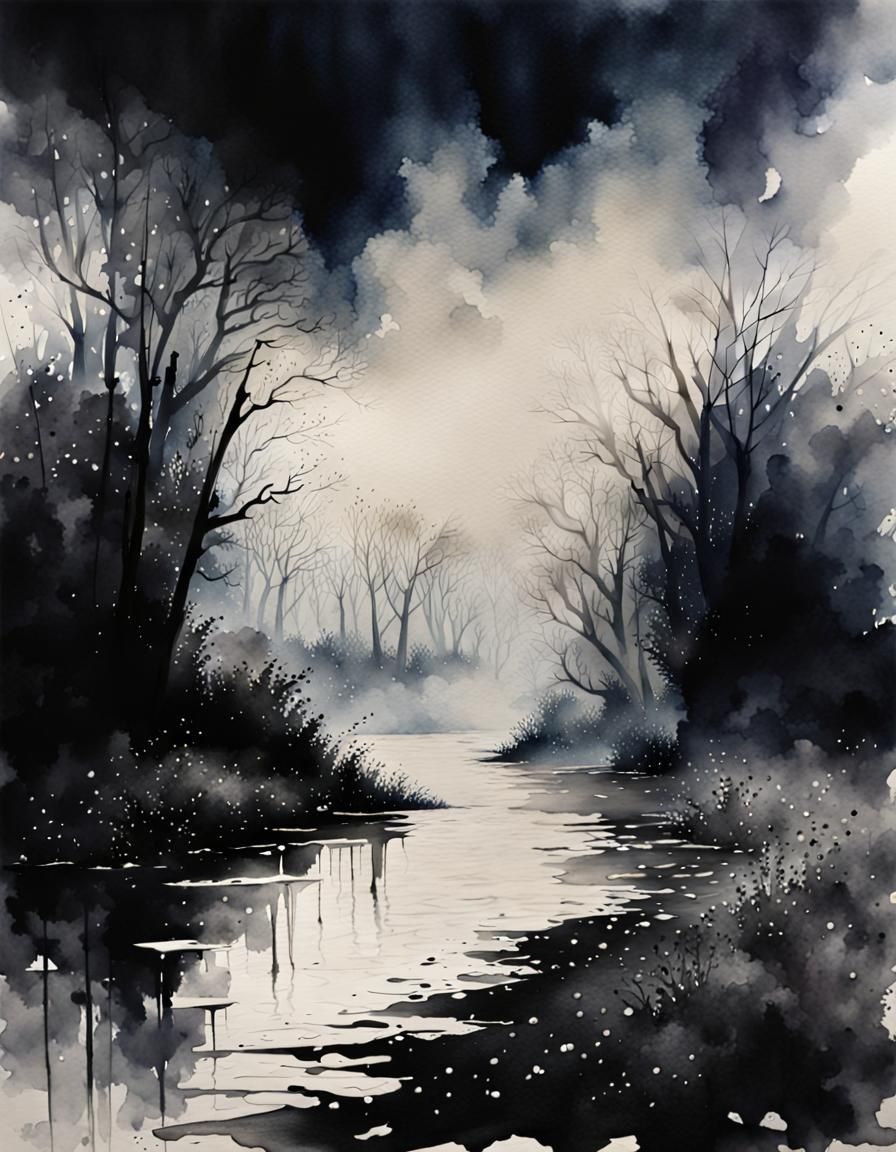 Eerie Watercolor Swamp at Night