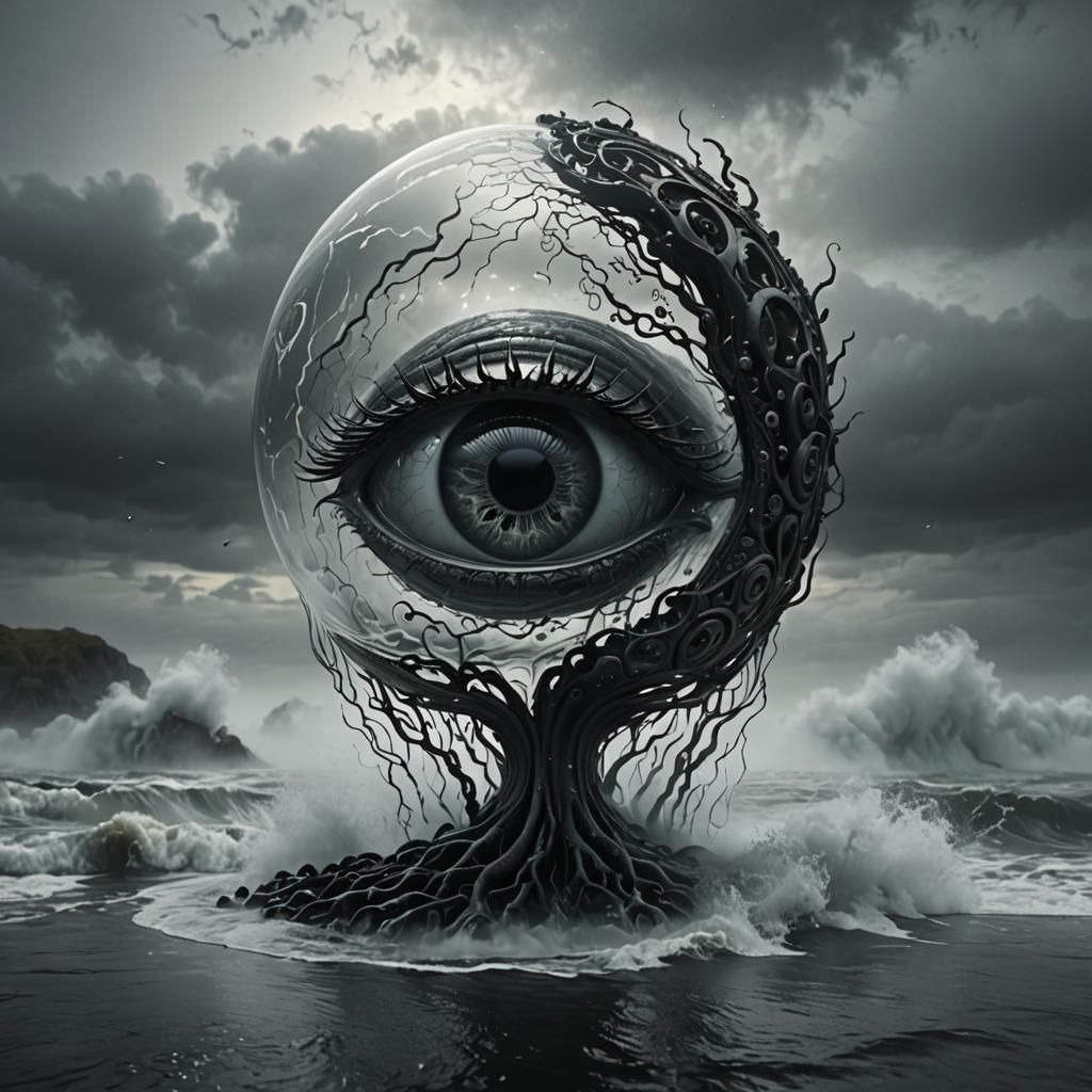 Surreal Biomechanical Glass A in Foggy Landscape