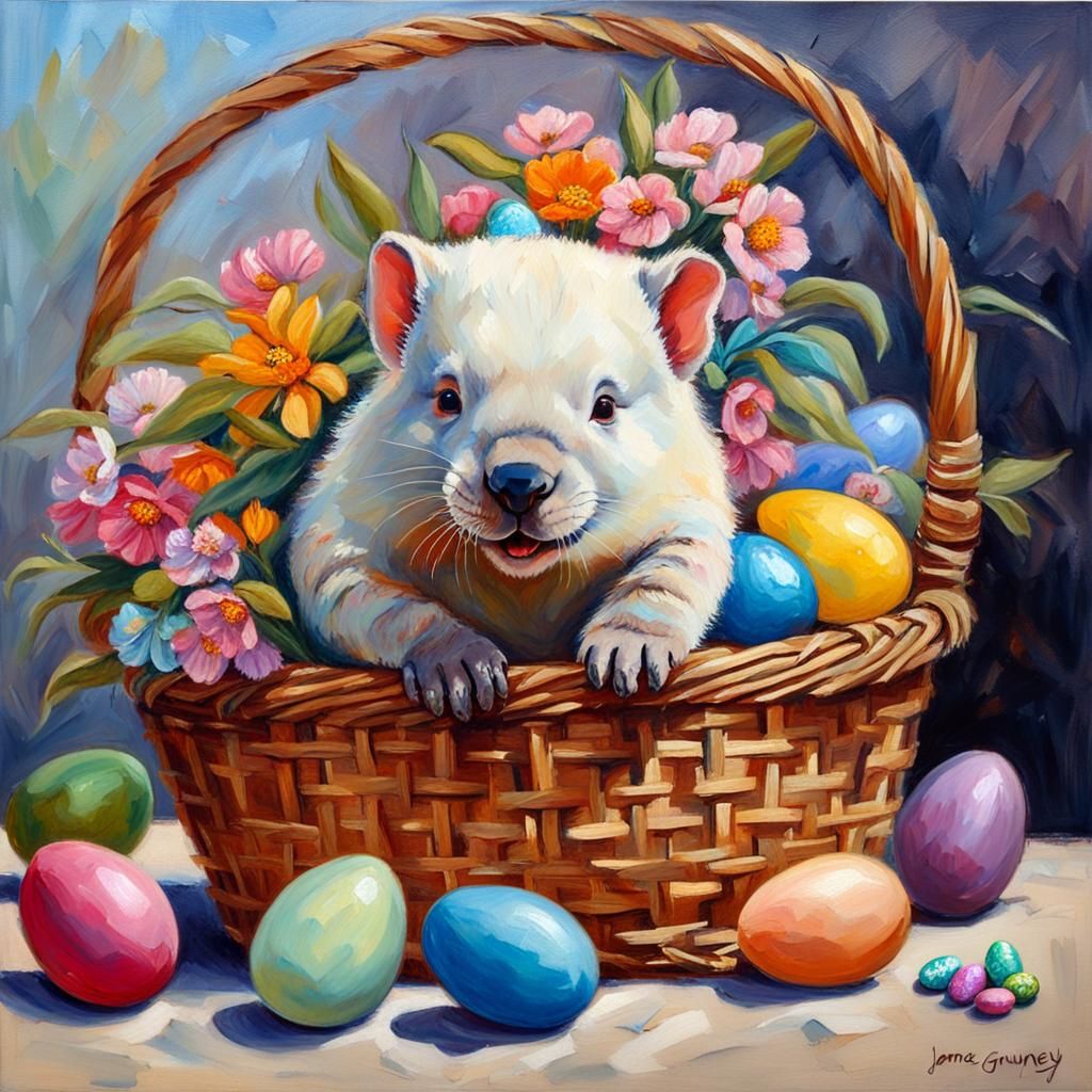 Wombat with Easter Bonnet: Oil Painting