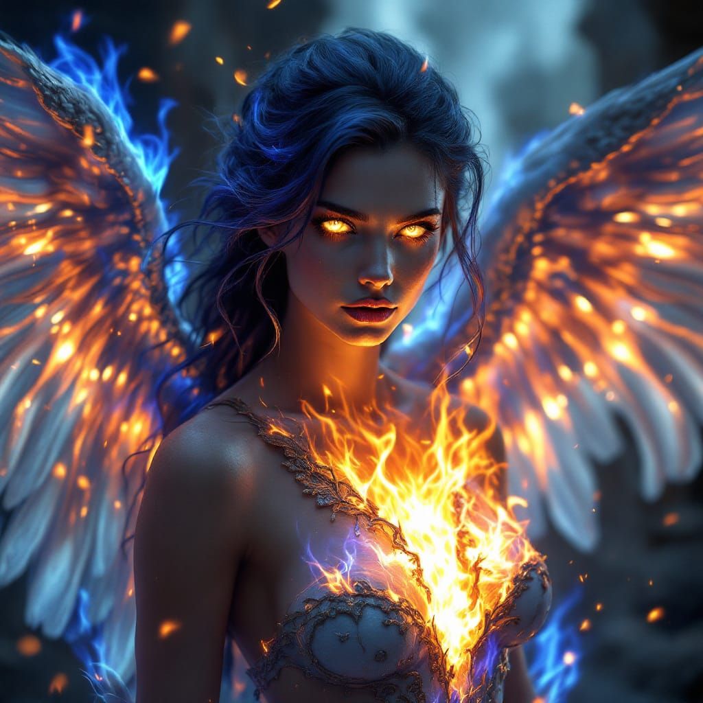 Fiery Angel Woman with Golden Eyes, 3D Render