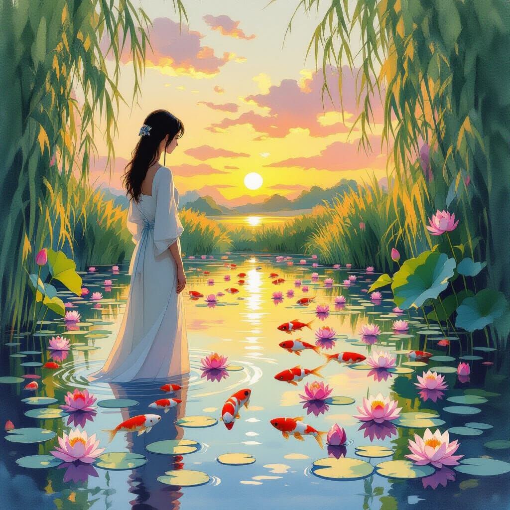 Impressionistic Pond Scene with Woman, Koi and Sunset