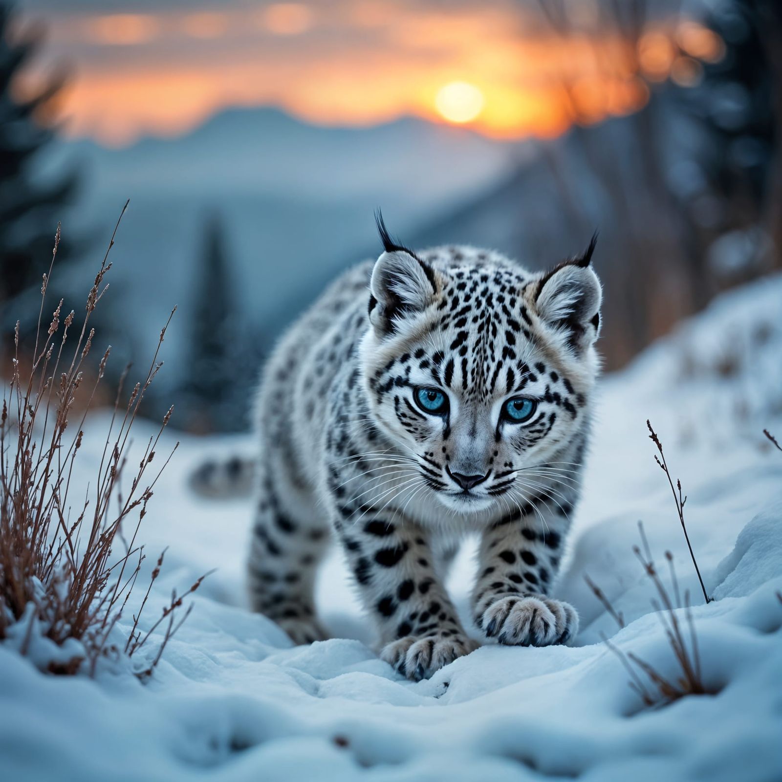 Whimsical Watercolor Snow Leopard Cub in Twilight