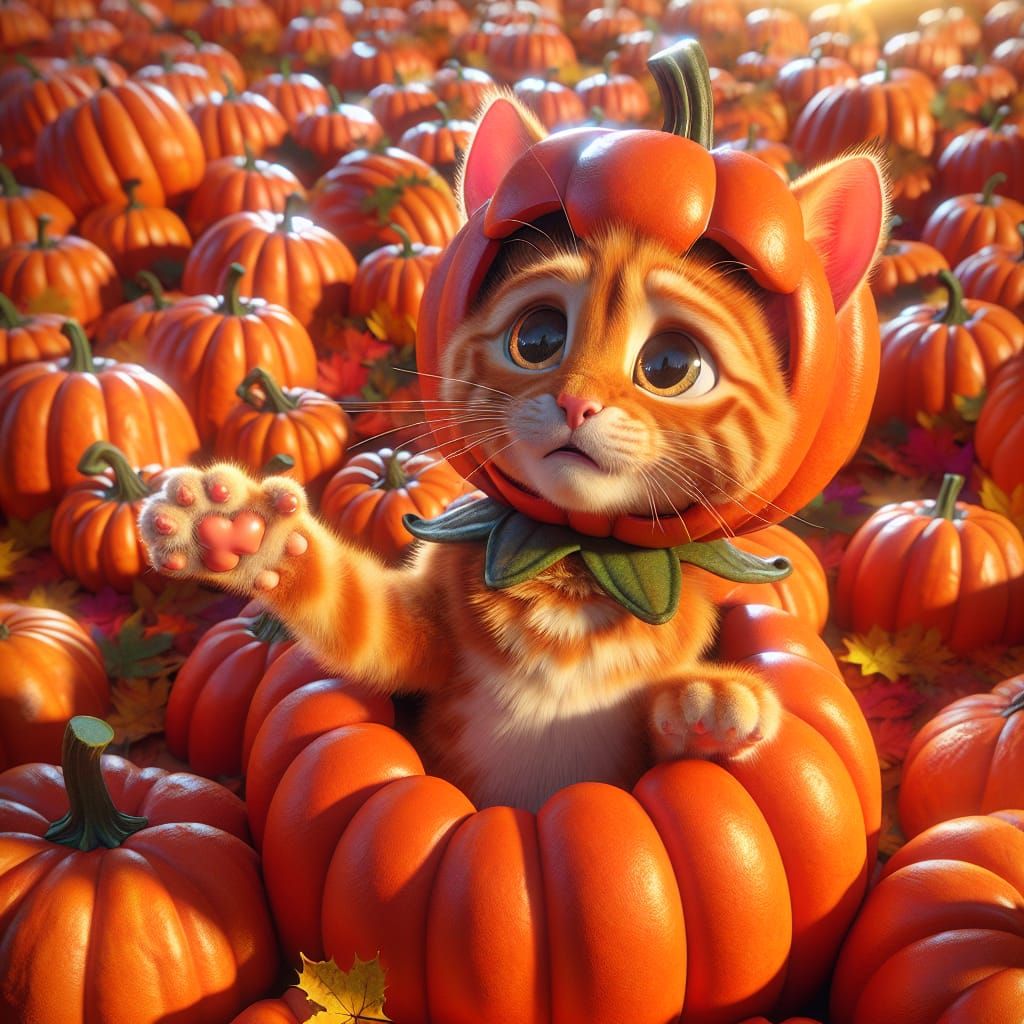 Kitten's Pumpkin Predicament: 3D Animated Art