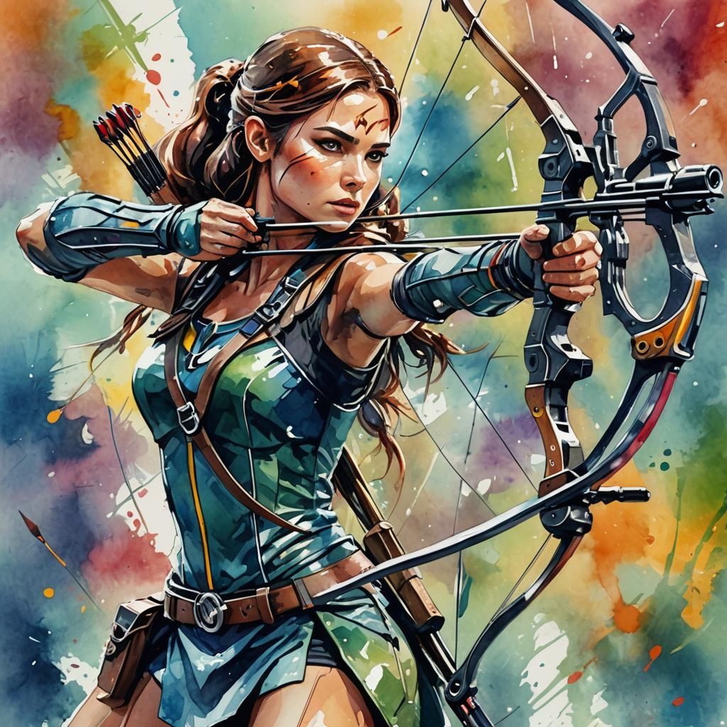 Woman Archer with Crossbow in Watercolor Style