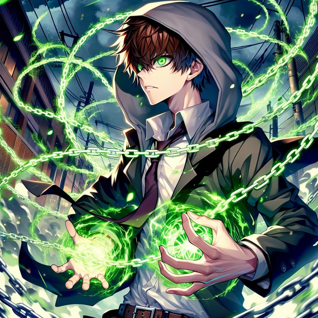 Anime-Style Young Man Battles Monster with Chains