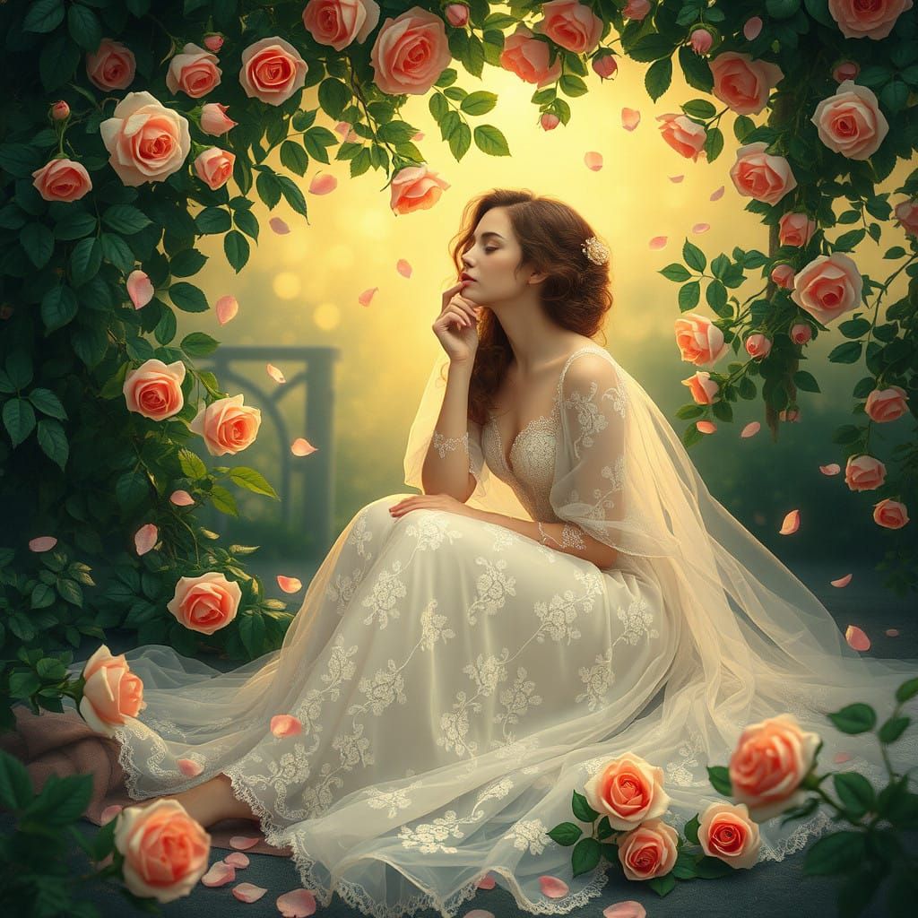 Ethereal Woman Surrounded by Roses in Art Nouveau Style