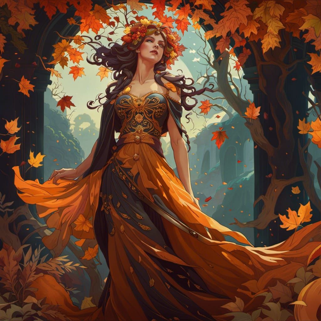 Dark Autumn Goddess in Art Nouveau Style