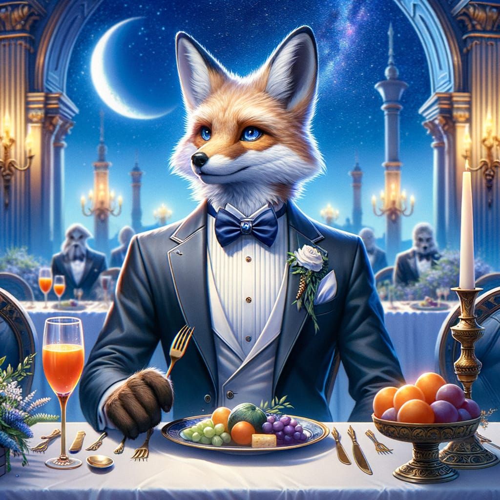 Anthropomorphic Fox in Tuxedo at Fantasy Dinner Party