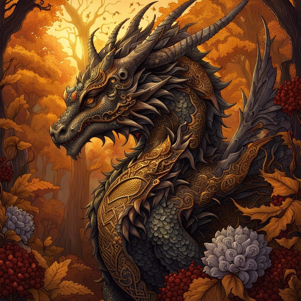 Floral Dragon in Autumnal Woodland, Gothic Fantasy Style