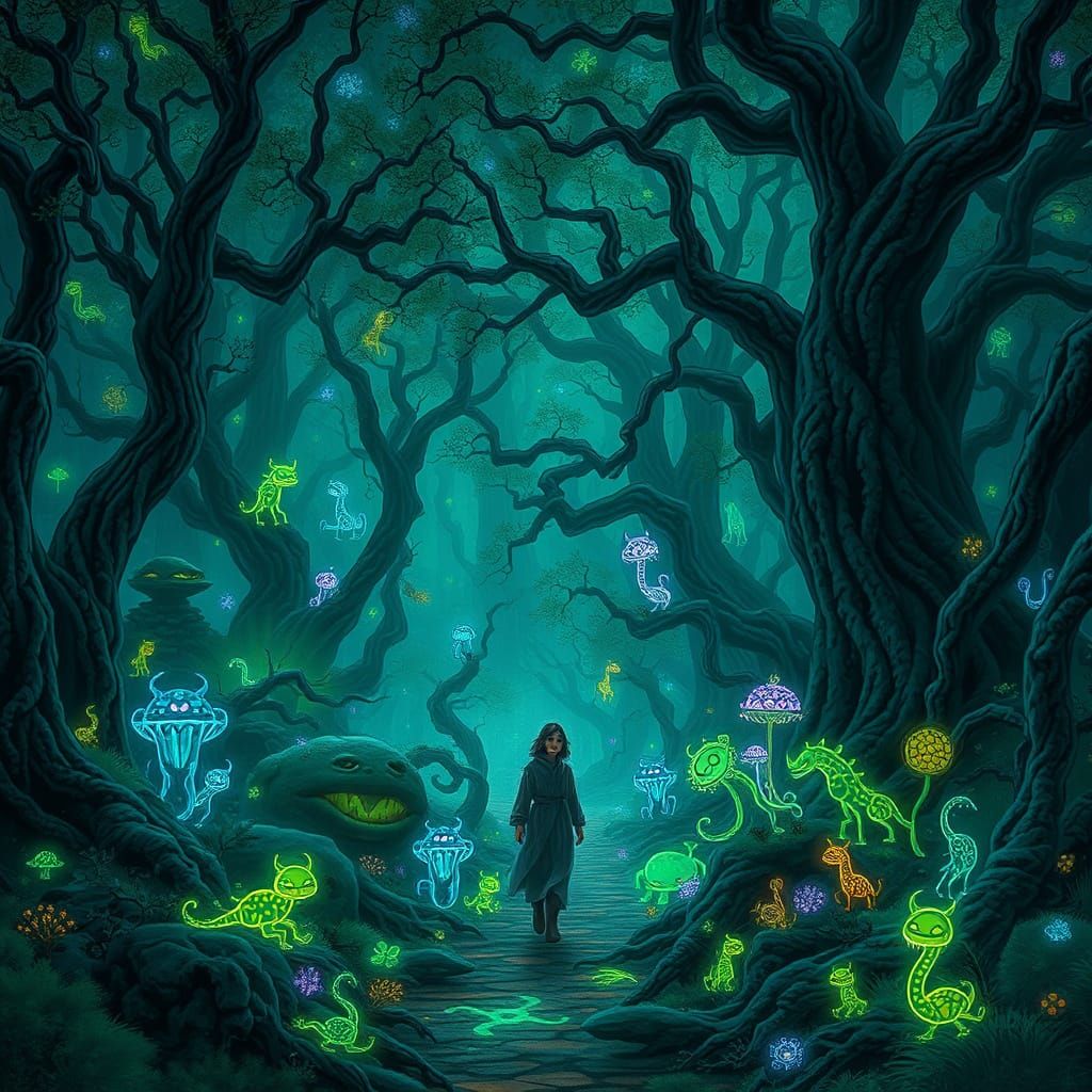 Ethereal Bioluminescent Forest Scene in Fantasy Art Style