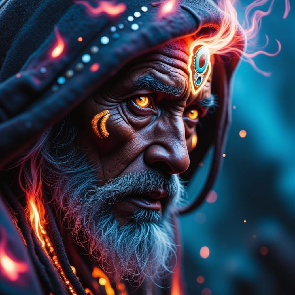 Shaman Face with Glowing Tattoos in Matte Painting Style