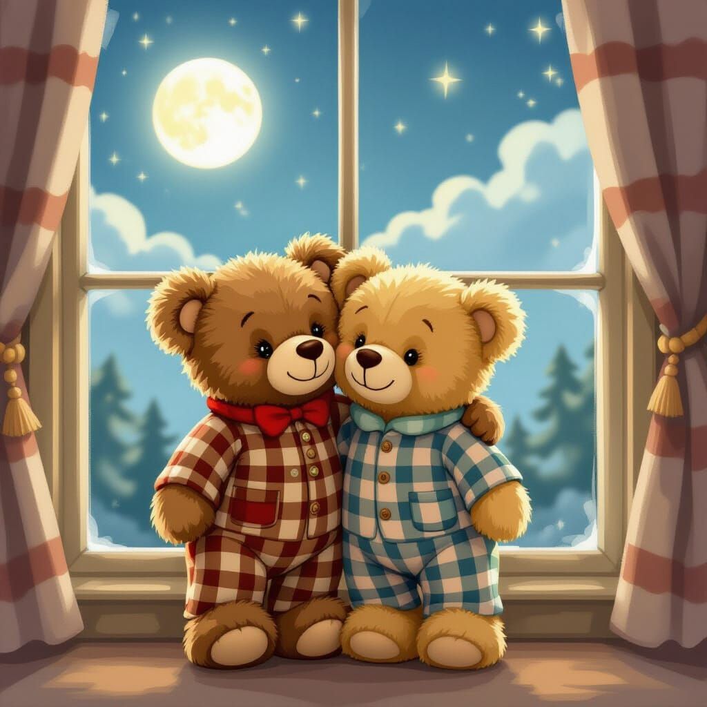 Cozy Teddy Bears Watch Moonlight in Storybook Style