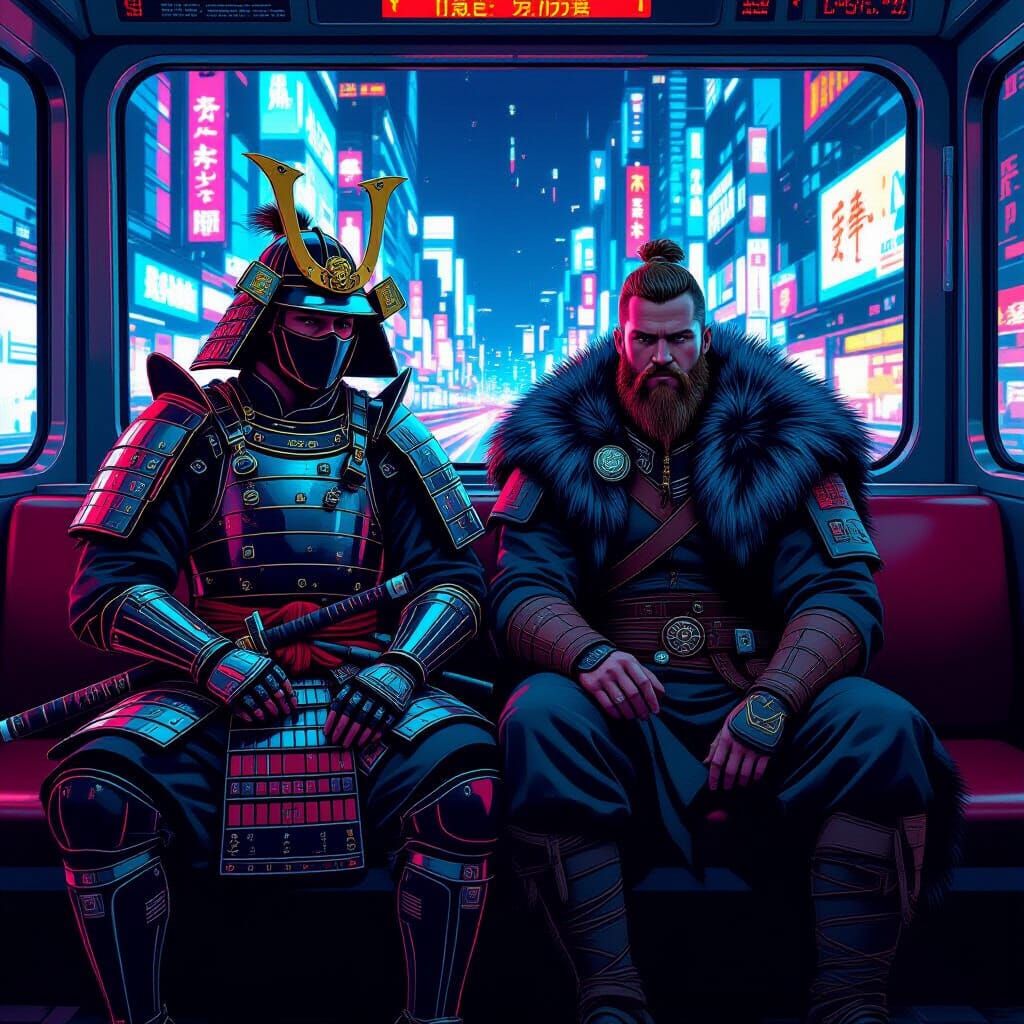 Samurai and Viking in Cyberpunk Cityscape