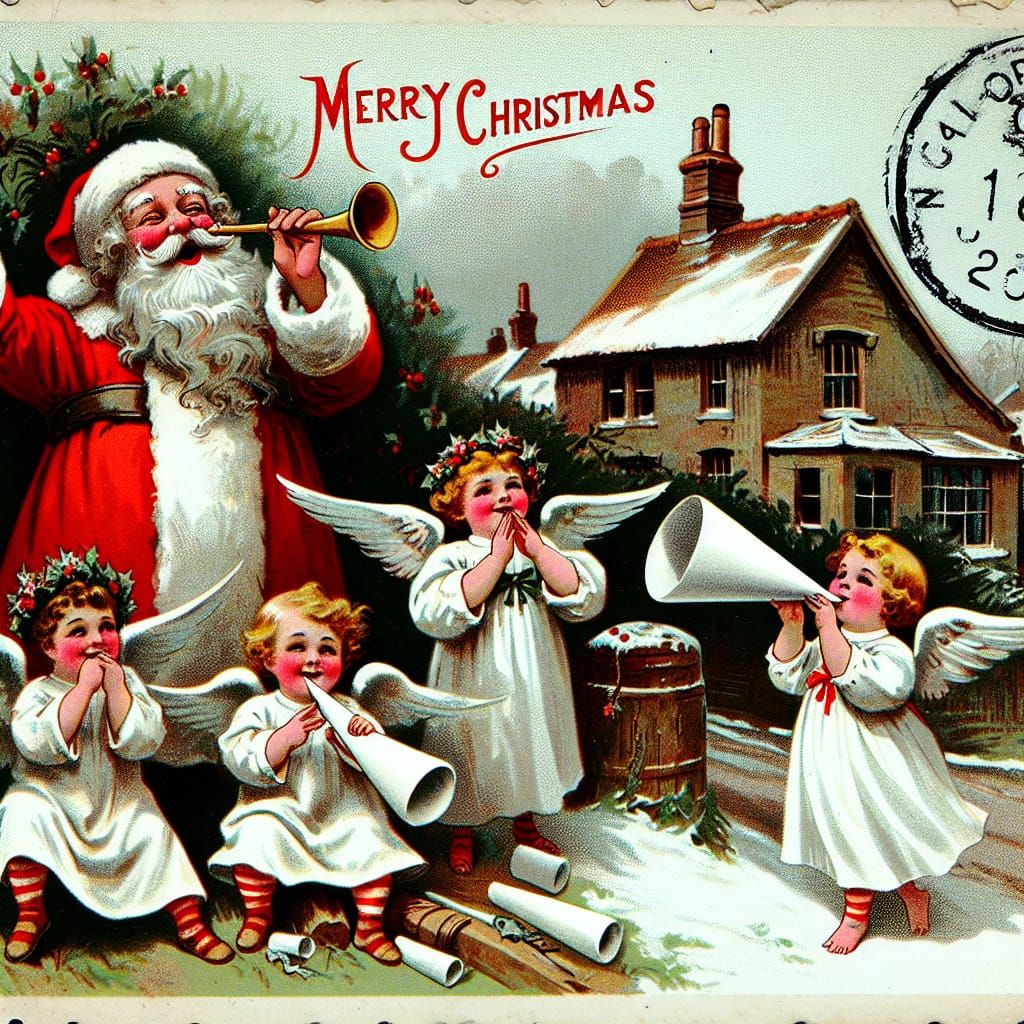 Vintage Christmas Postcard with Santa and Angels