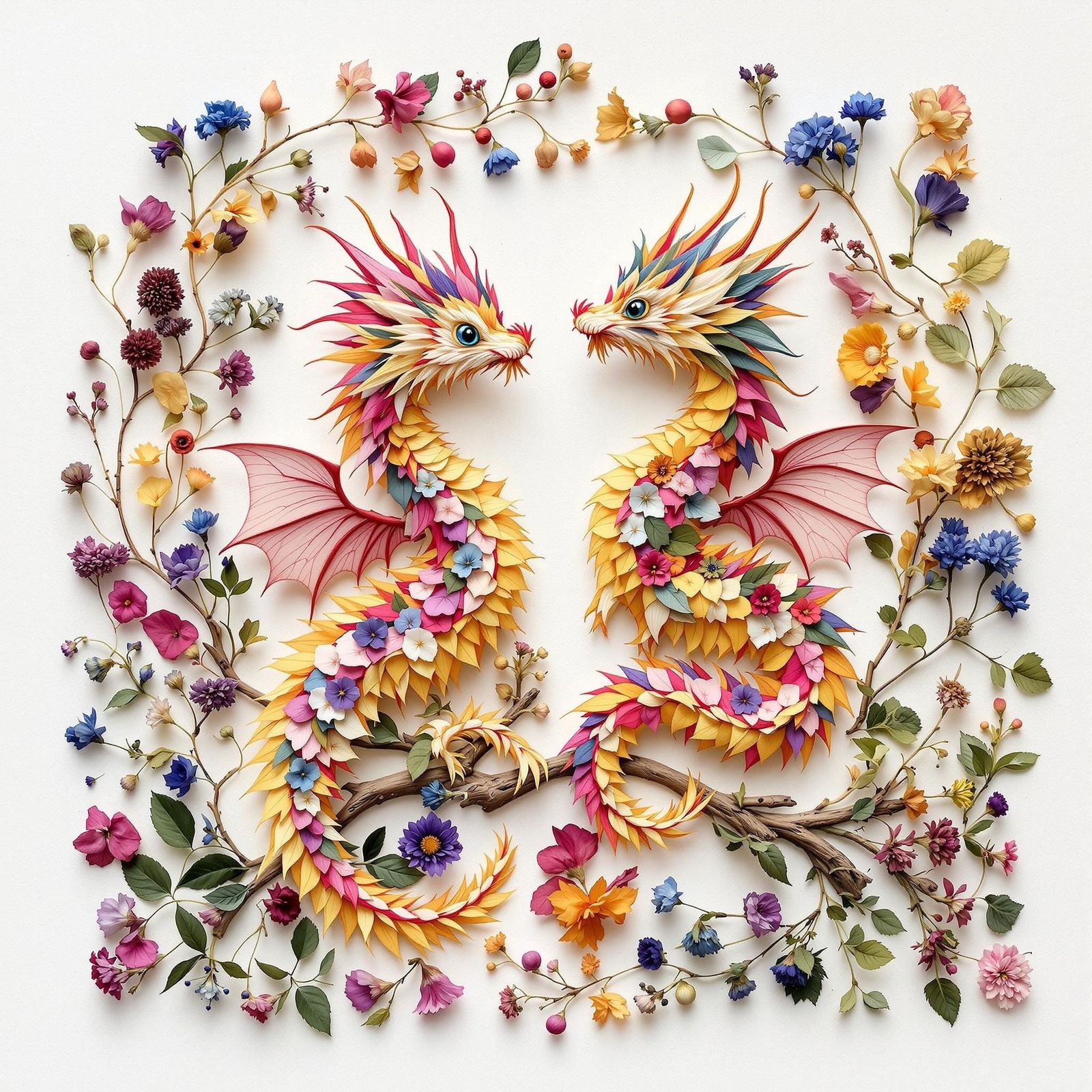 pressed flower and leaf dragons