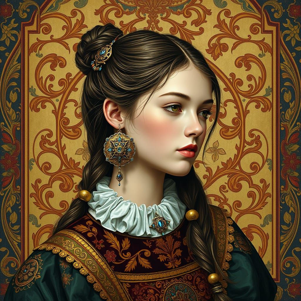 Glitch Earring Girl in Mosaic Oil Painting Style