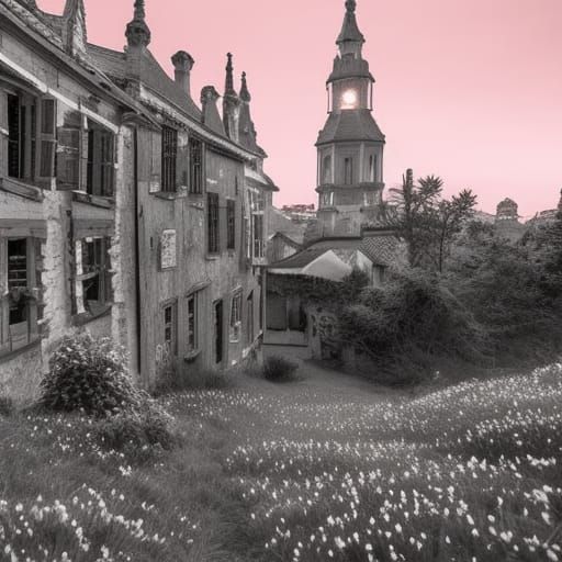 Glowing Windows in Monochrome Town at Sunset
