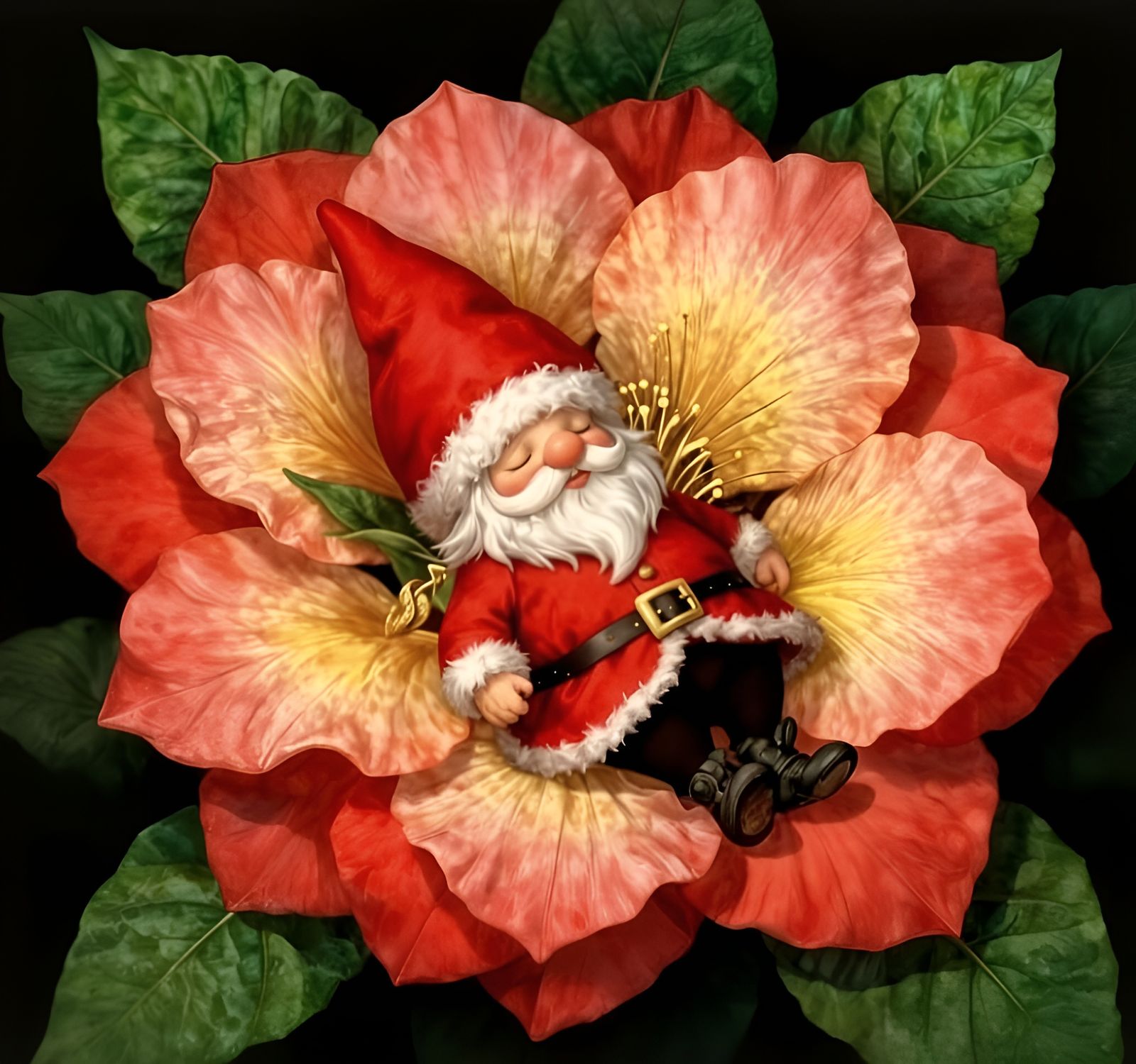 Santa Claus Gnome Thumbelina Resting in Christmas Flower