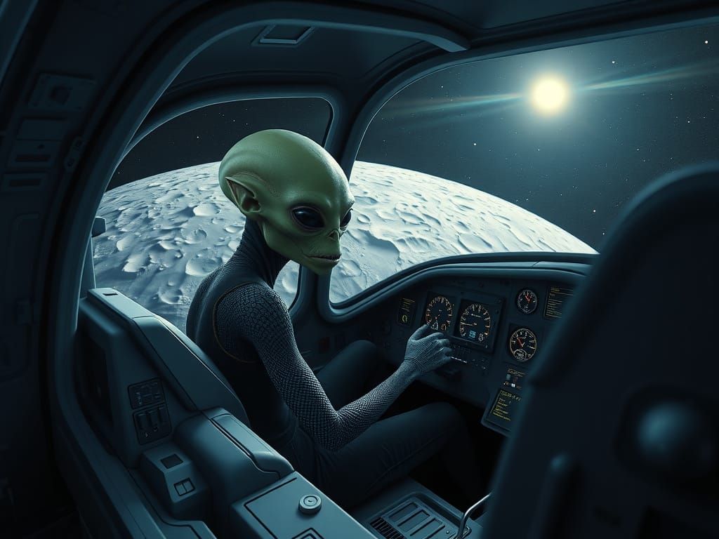 Alien Pilot in Intergalactic Metal Cockpit