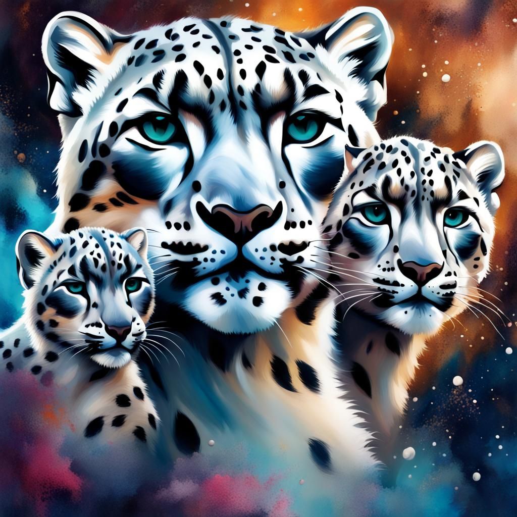 Snow Leopard Family in Abstract Galaxy, as Oil Painting