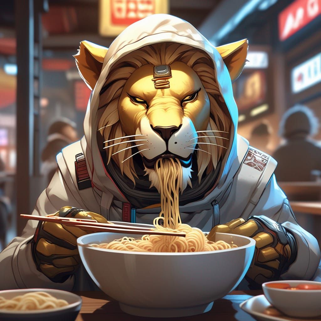Cyborg Lion Slurping Noodles in Ramen Shop