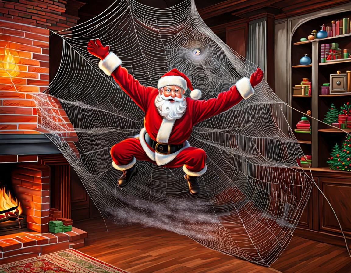 Santa Claus Trapped in Spiderweb, Photorealistic