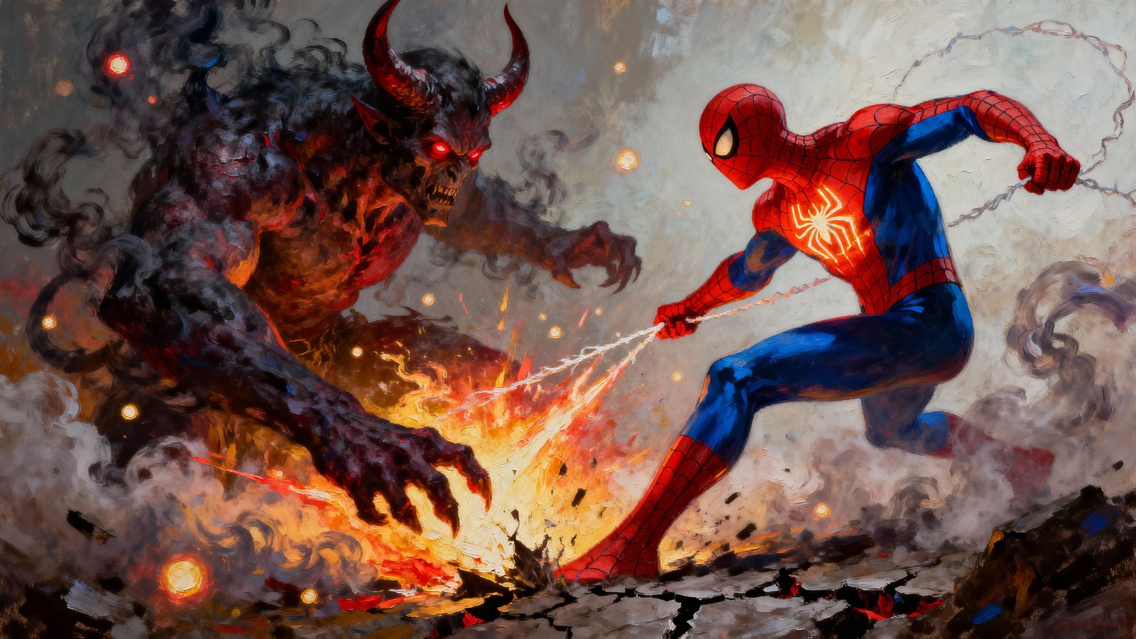 Epic Oil Painting of Spiderman God Sent Versus Demon