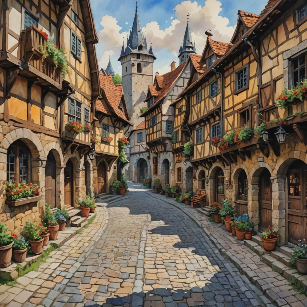 Medieval Village Main Street in Gouache Style