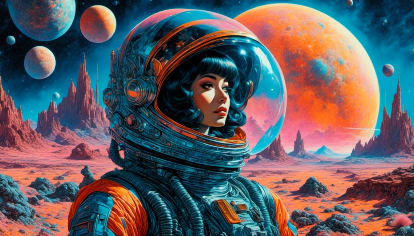 Female Space Explorer in Neon Synthwave Watercolor