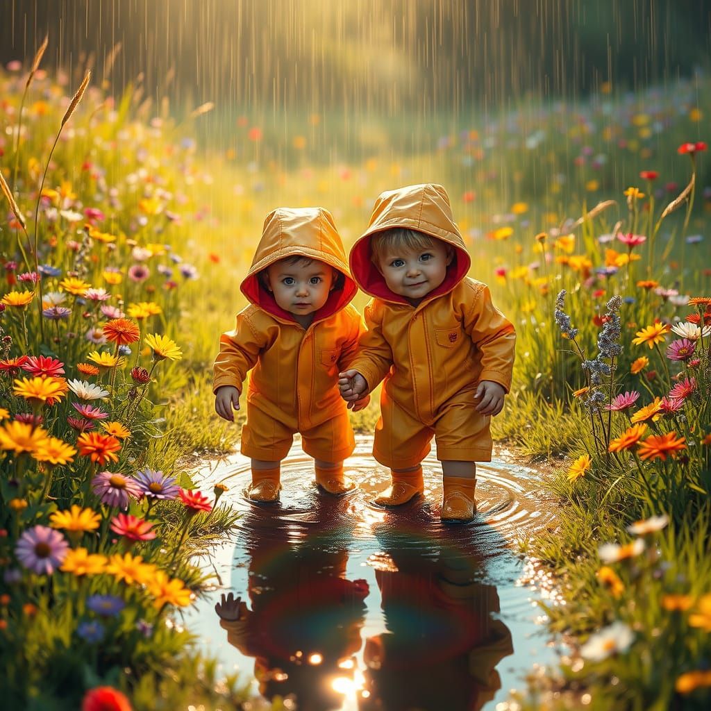 Children Play in Rainy Meadow: Hyperrealistic Art