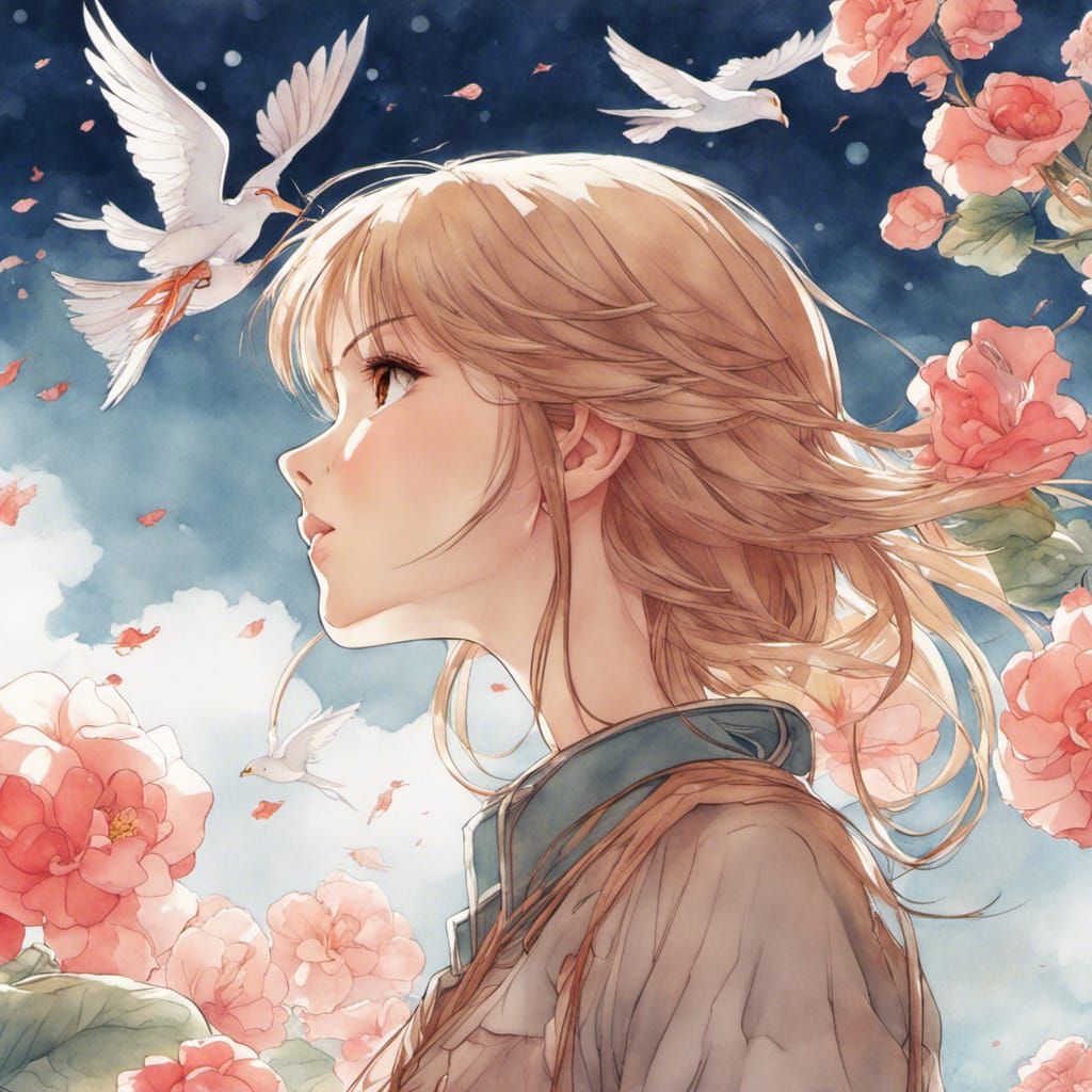 Girl Gazing at Birds in Manga Watercolour Style