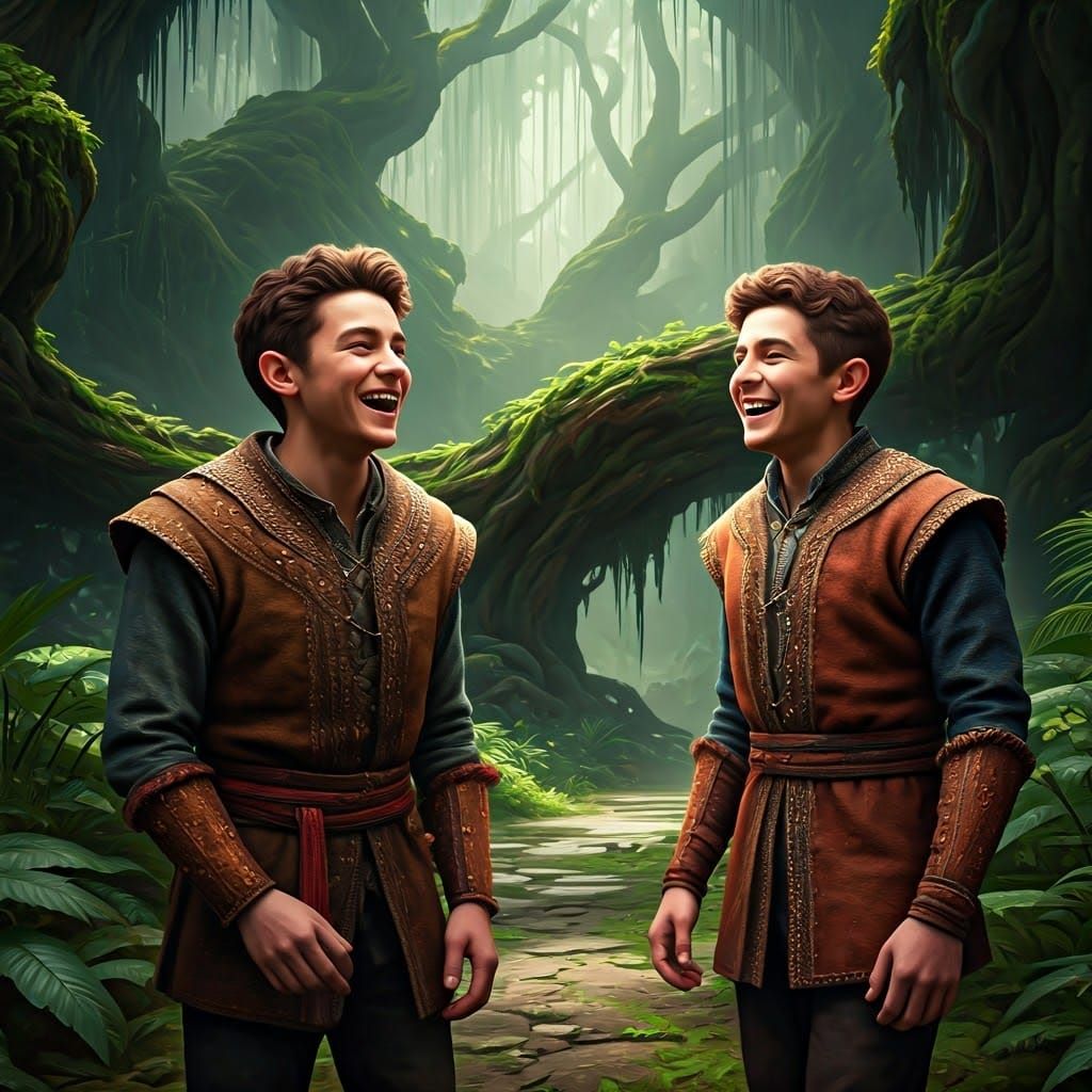 Brothers Share Joyful Laughter in Dreamlike Forest