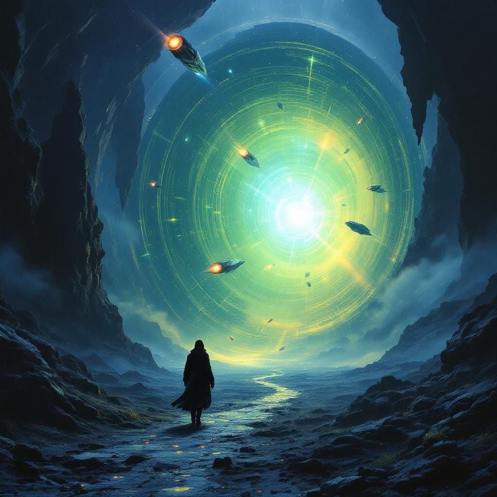 Traveler Approaching Interdimensional Portal with Spaceships